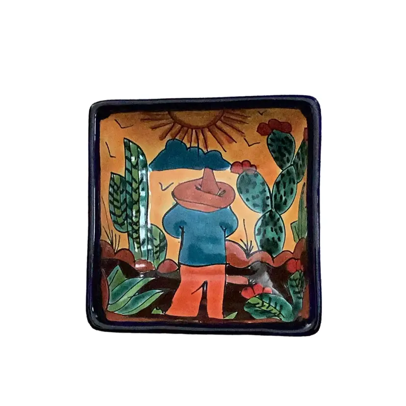 Beautiful Talavera Mexico Catchall/Trinket Dish - Sun, Cacti, Sombrero