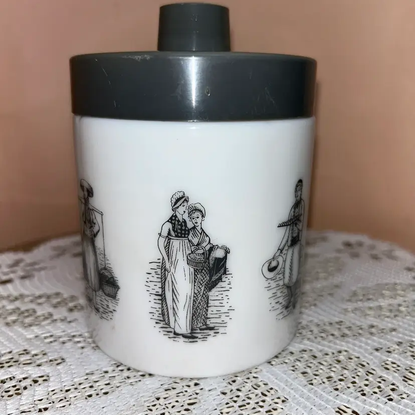 Vintage Echt Opaline White Glass Kitchen Canister Melamine Lid Farm People