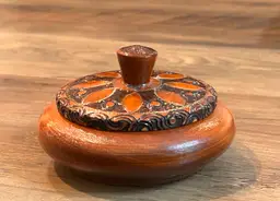 Vintage Wooden Trinket Box Hand Carved With Copper Wire Inlay On The Lid Poland