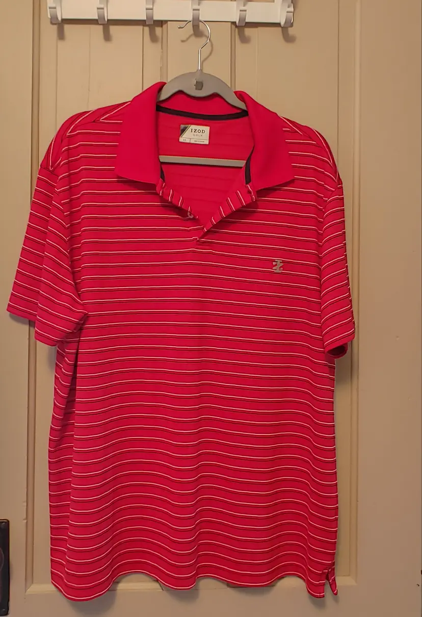 Men's Top- Brand: Izod Golf. Size XL. Red stripe shirt. 100% polyester. No callouts.