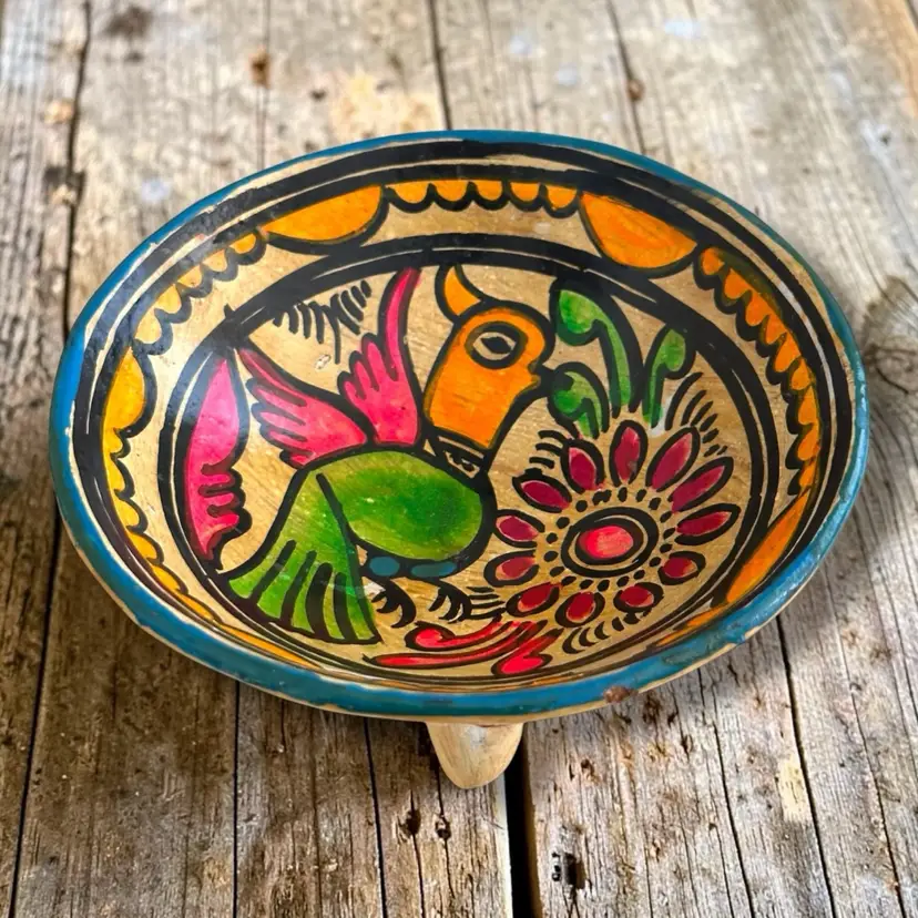 VTG Mexican Folk Art Glazed Hand painted Pottery Bowl Footed Bird Salsa Trinket