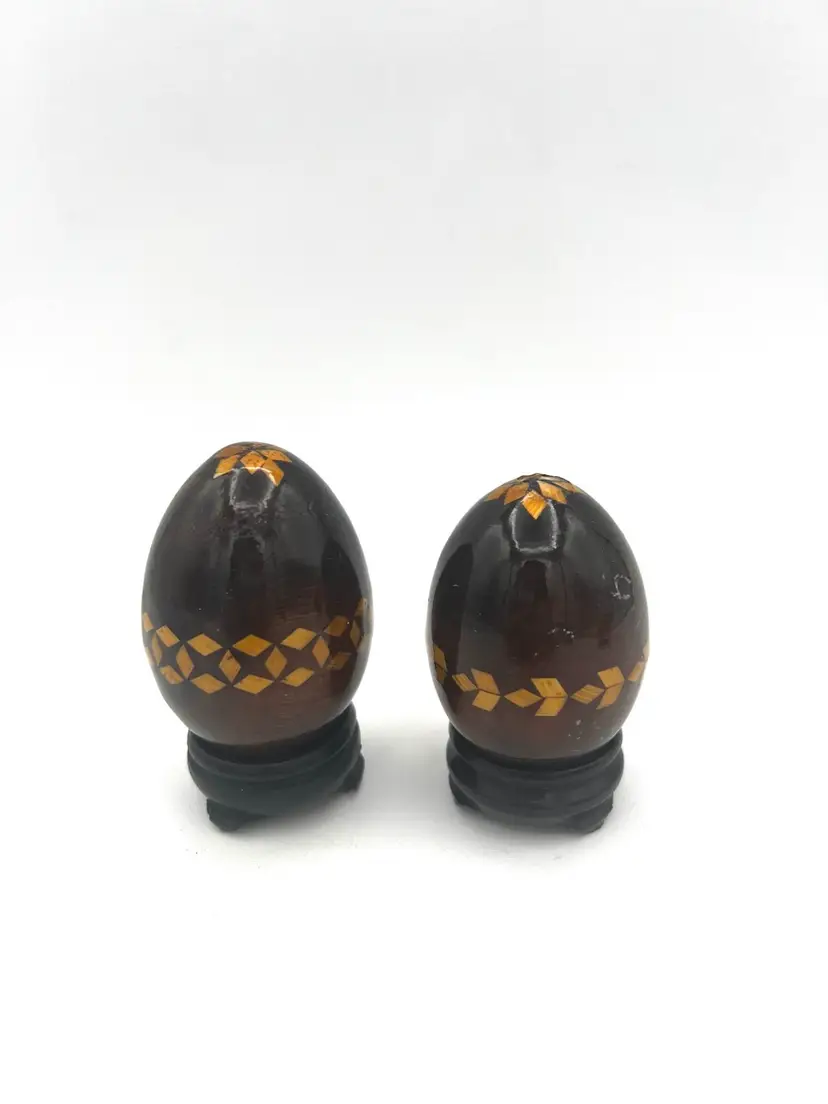 050. Russia 🇷🇺 Pair Of Vintage Russian Marquetry Eggs With Wooden Base
