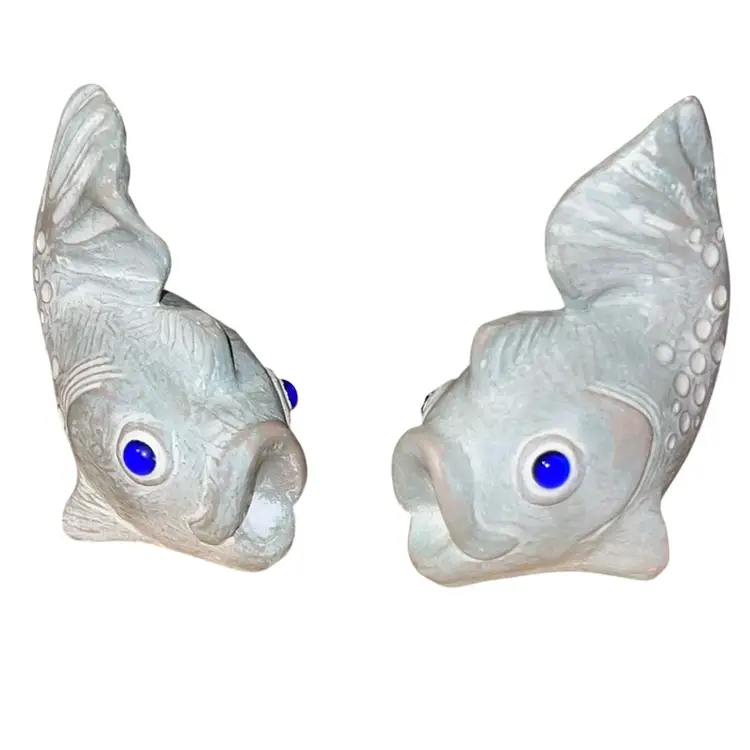 Isabel Bloom Stone Fish Statue Pair 2009 USA Signed 4.5”