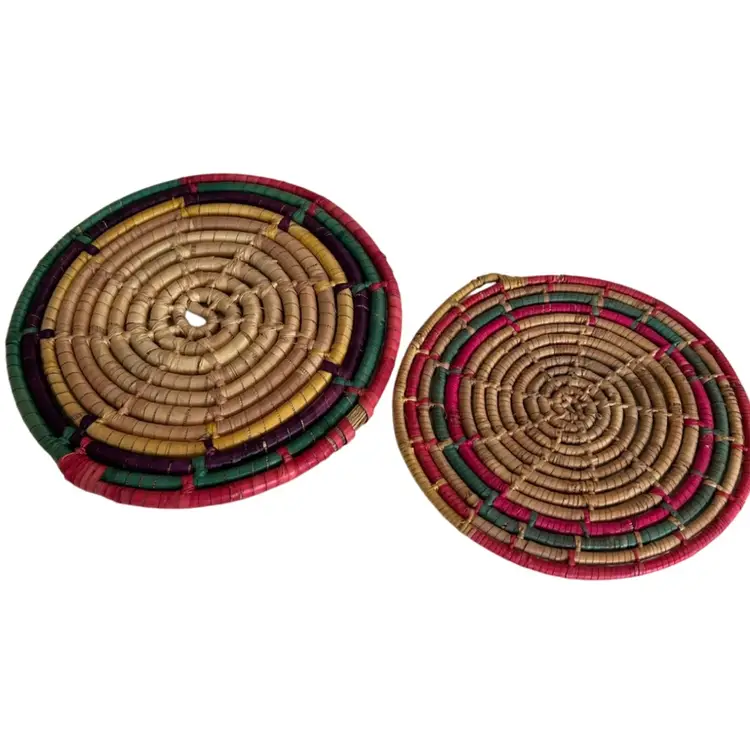 Set Of 2 Rattan Type Round Colorful Hot Pads One 9 1/2” And One 8” Diameter