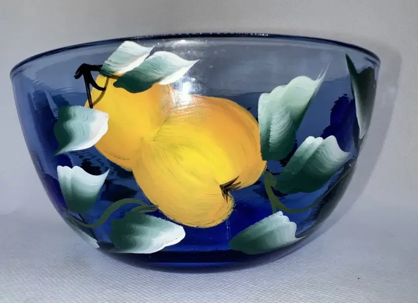 Cobalt Blue Glass Bowl Painted Fruit 6 Inches,  “Gay Fad” Styling