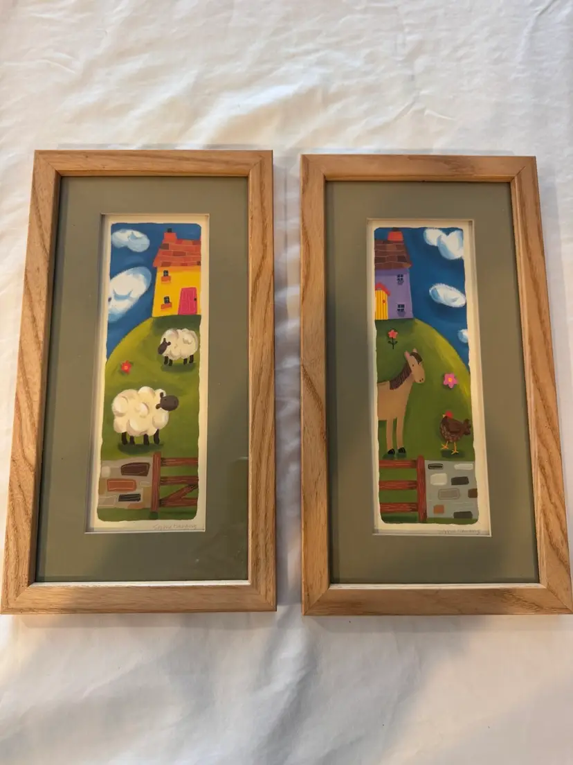 Framed Folk Art - Sophie Harding; Animal Panels “Two Sheep” & “Horse And Hen” 13” X 7”