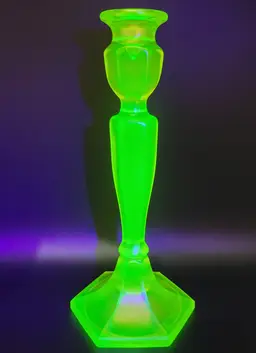 #01 Antique Fenton Topaz Stretch Vaseline Glass Candlestick