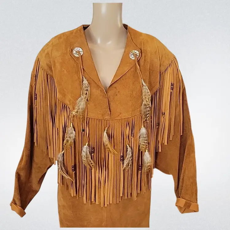 Vintage Leather Fringe & Beads Western Native American Pullover Dress