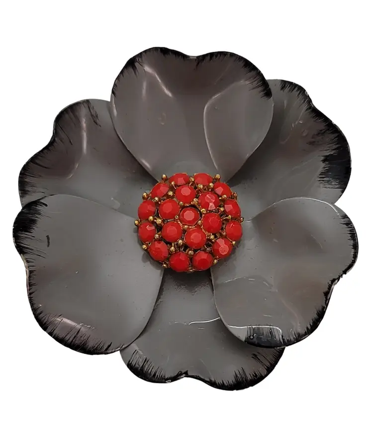 Vintage Scarlet Red Rhinestone And Gray Metal Flower Brooch Pin E650