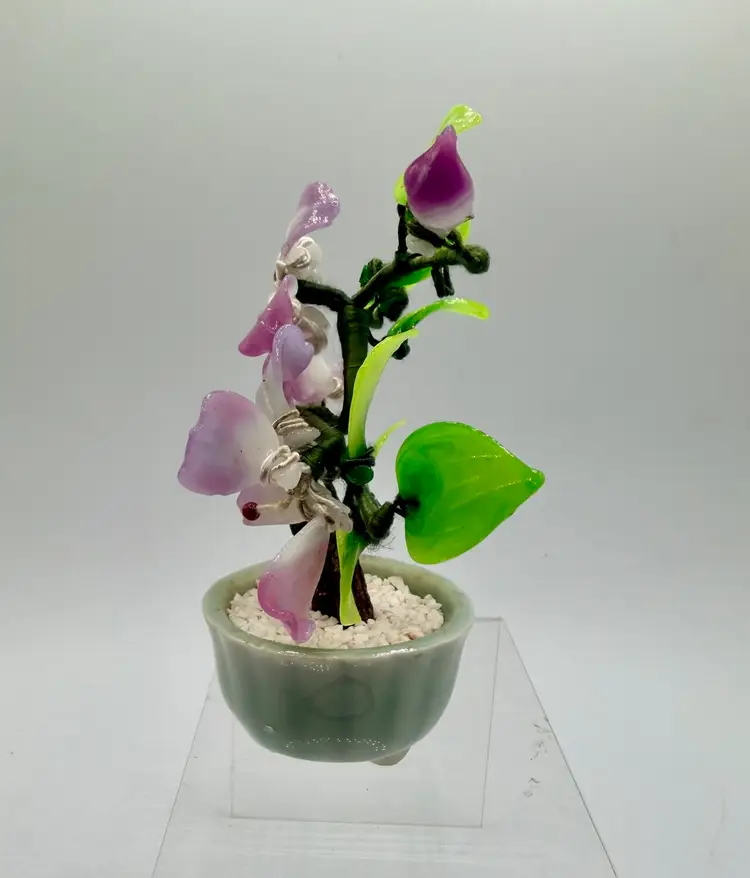 VTG Chinese Jade Glass Leaves Pink Cherry Flowers Bonsai Tree Green Celadon Pot 5” Tall