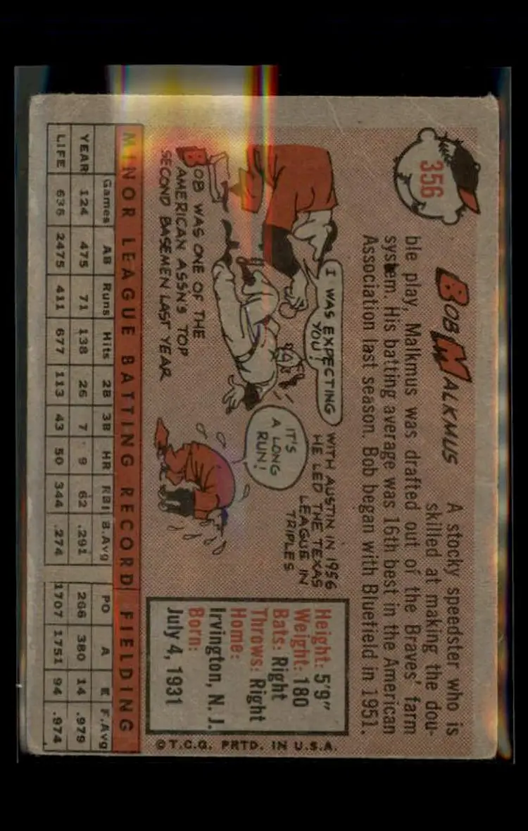 1958 Topps #356 Bob Malkmus - (pk4) - Washington Senators