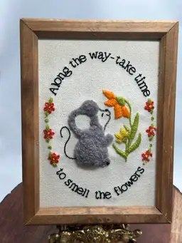 Vintage Retro Crewel Mouse Along The Way - Smell The Flowers Picture Framed