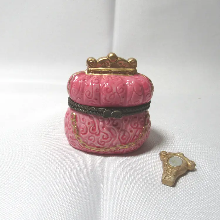 Porcelain Pink Purse Hinged Trinket Box w/ Mirror Trinket