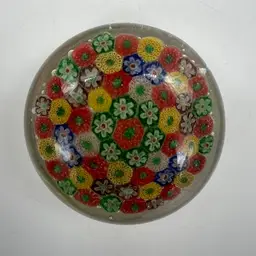 Vintage Small Millefiori Art Glass Paperweight 2.5" Red Yellow Blue Green