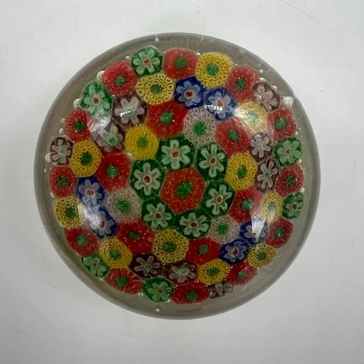 Vintage Small Millefiori Art Glass Paperweight 2.5" Red Yellow Blue Green