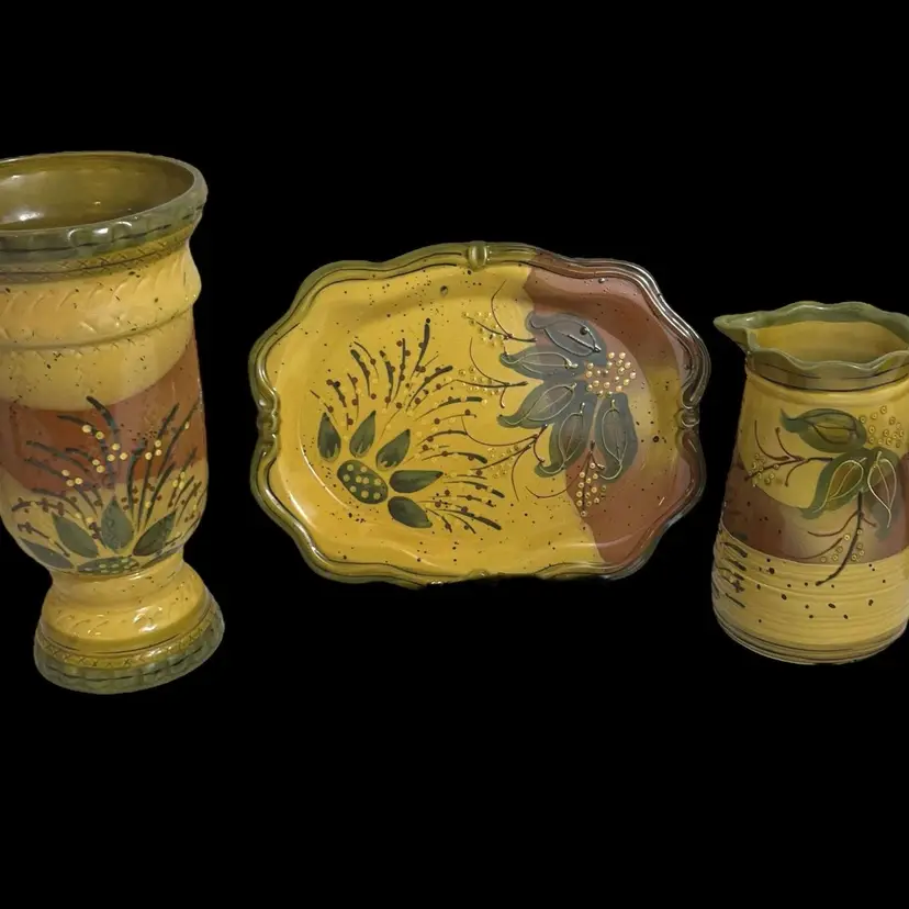 Hand Painted Floral Pottery Set - Brown and Gold Ceramic Trio