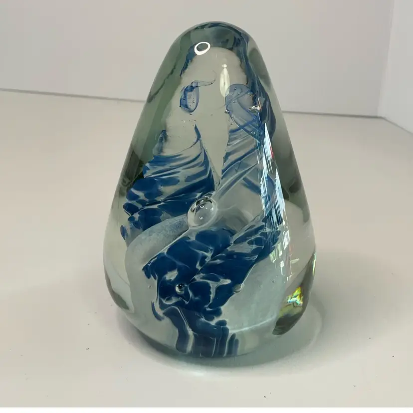 Blue And White Swirls Art Glass Egg Shaped Paperweight 4 Inches