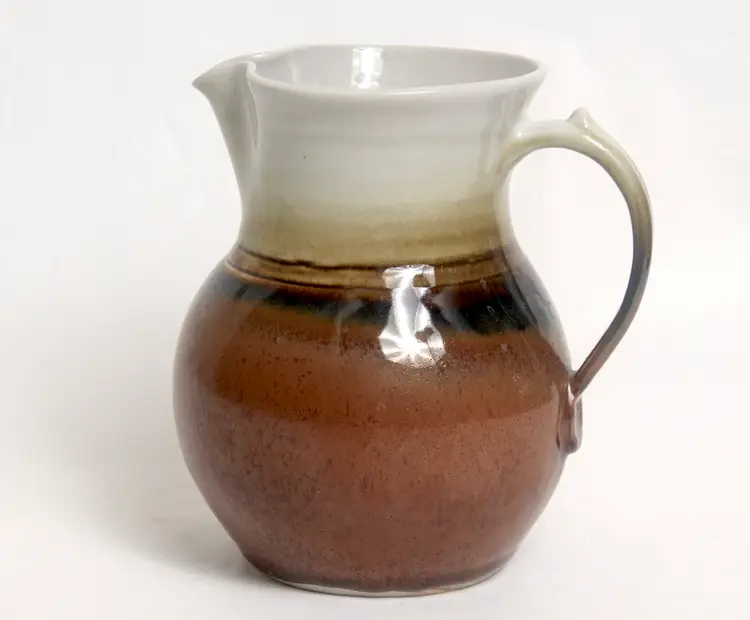 Art Pottery Handcrafted Stoneware Pitcher Brown Cream Tan Artist Signed