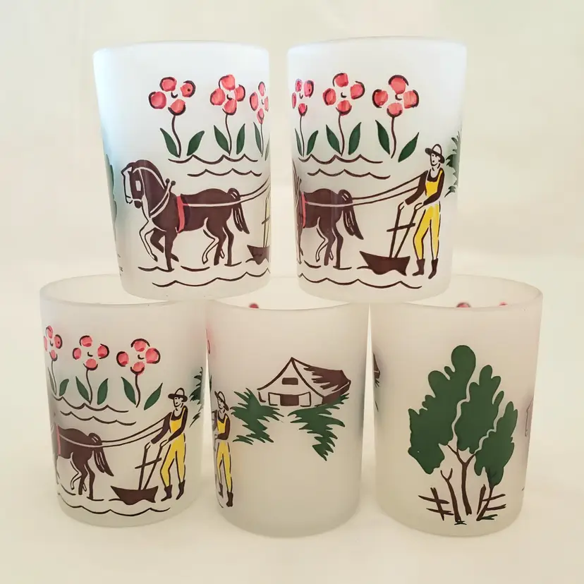 Glass Juice Illustrated Farmer Plowing Farm Theme 5 Small Glass Cups 2⅞" Tall Unbranded Vintage