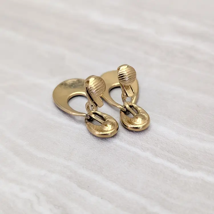 Vintage Clip On Earrings Stylish Gold Tone with Black Enamel & Clear Gems