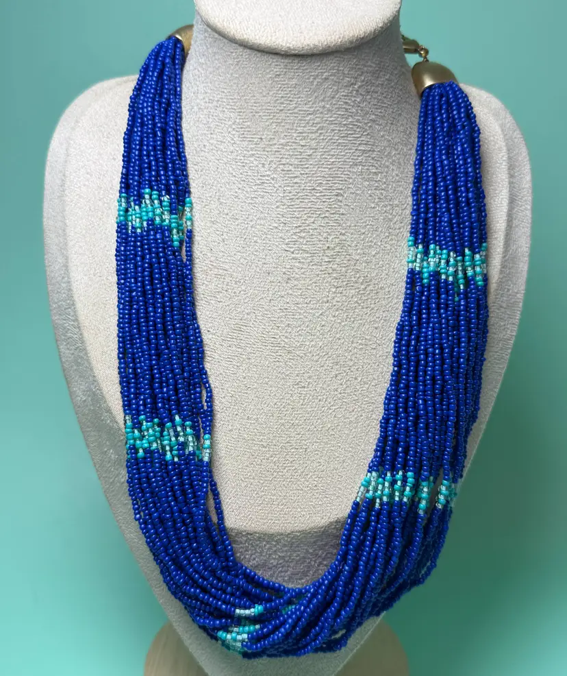 Talbots 22" Multi Strand Seed Bead Torsade Necklace Navy Blue Turquoise Aqua