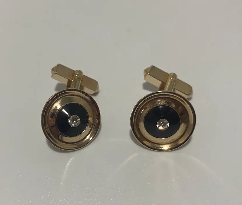 Vintage Gold Tone Round Cufflinks w/ Black enamel & Rhinestones SWANK