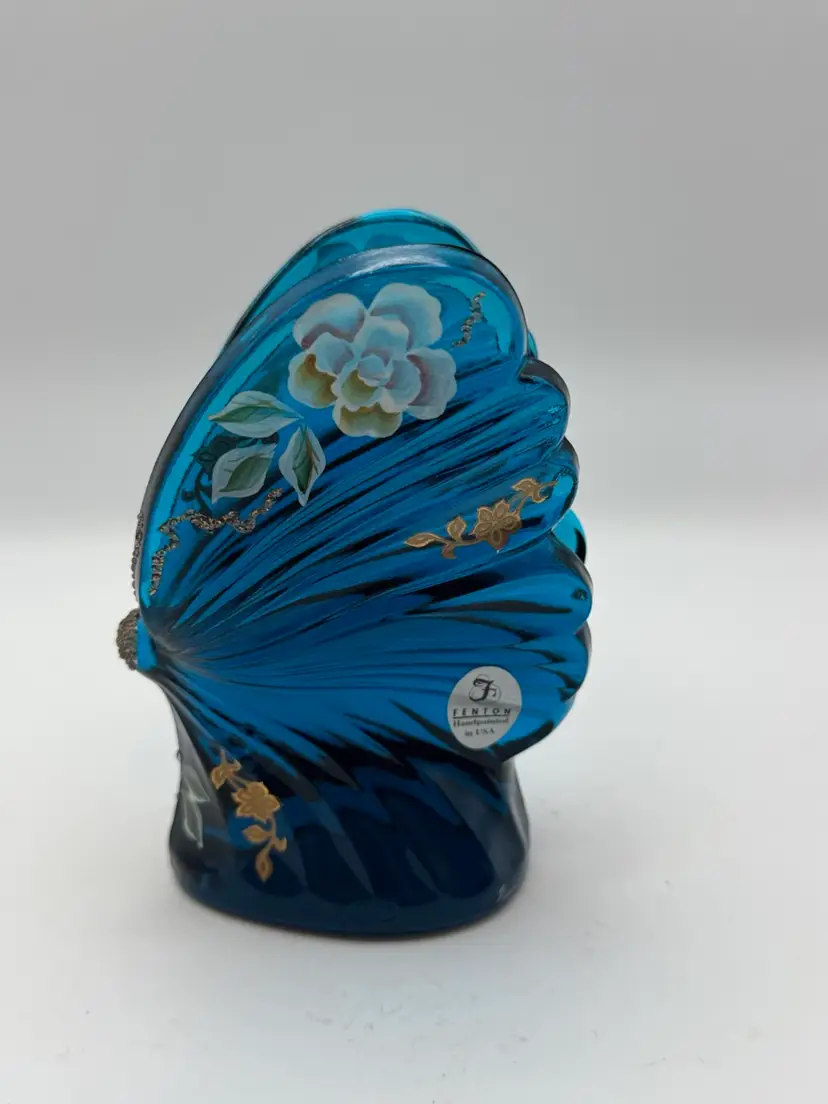 Fenton Art Glass Turquoise Butterfly figurine, hand-painted as part of the "Butterfly Minuet" collection, 2006. 4.5” X 3” Signed By The Artist.