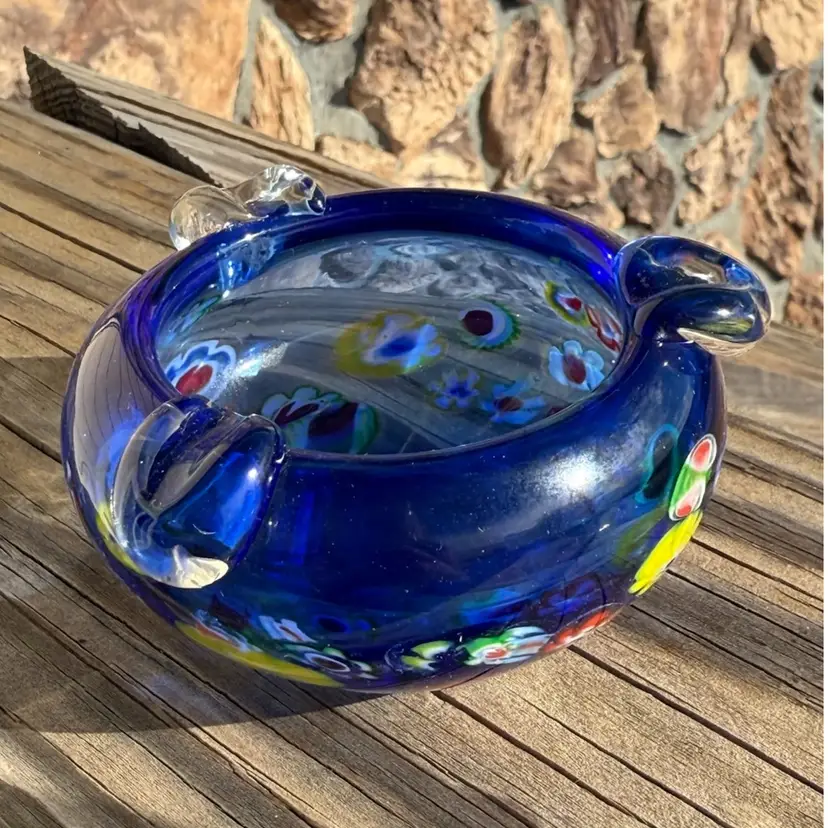 Murano Cobalt Blue Millefiori Glass Ashtray Bowl  MCM Italian