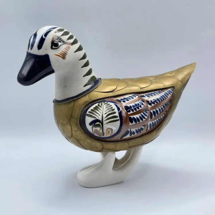 Vintage Tonala Brass & Ceramic Duck • Brass Feathers Overlay • Hand Painted Mexico 5"H