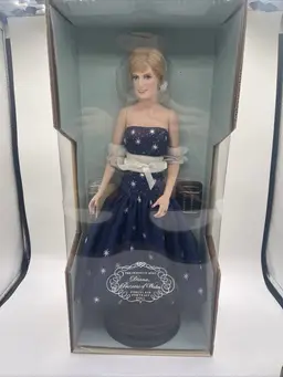The Franklin Mint Diana Princess of Wales Porcelain Doll Blue Dress With Stars