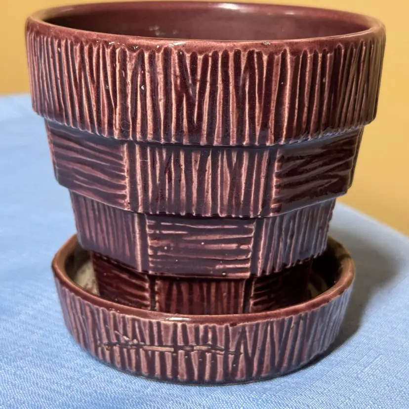 McCoy Pottery Planter Purple with Attached Drip Tray Basket Weave Pattern 4”