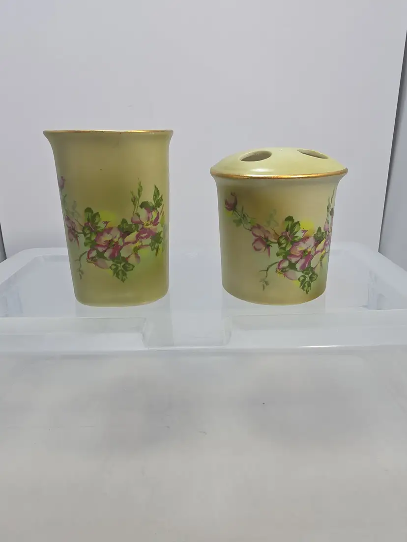 Hand Painted Nippon Floral Gold Trim Bathroom Set Toothbrush Holder Cup