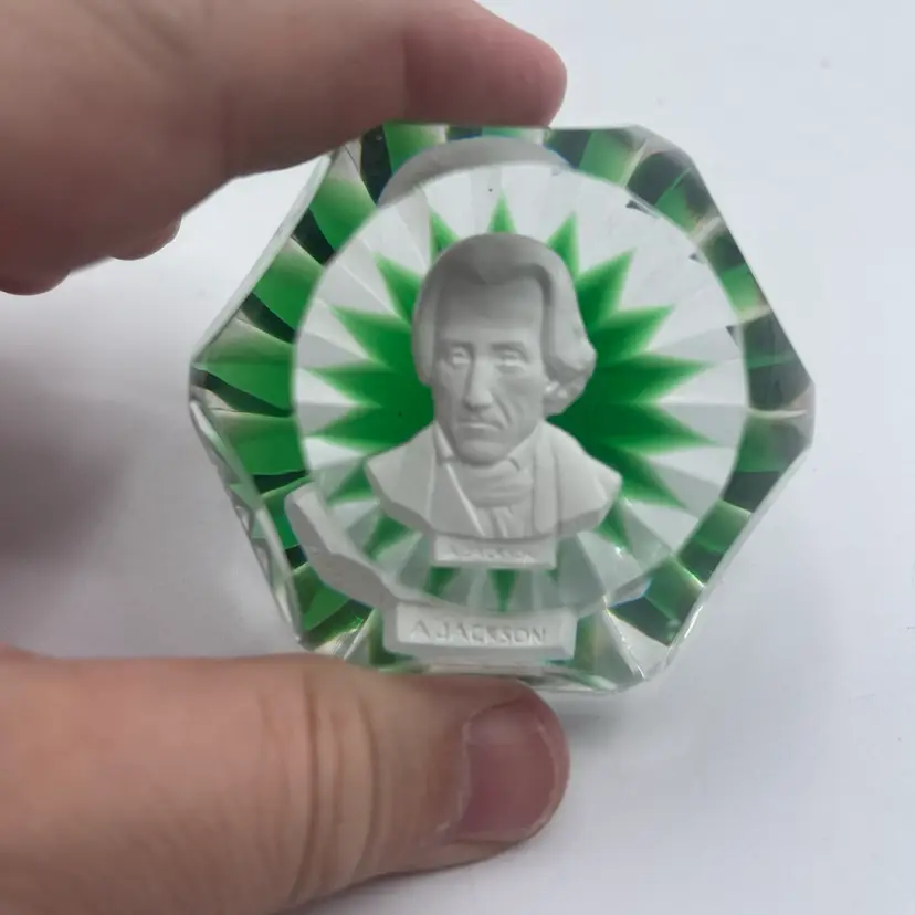 Baccarat France Crystal Andrew Jackson Sulphide Paperweight Green Faceted