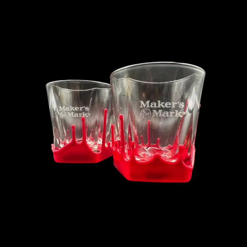 Official Maker’s Mark Bourbon Whisky Red Wax Drip Detail Cocktail Lowball Glasses Set Of 2 3.75”T 3.5”W