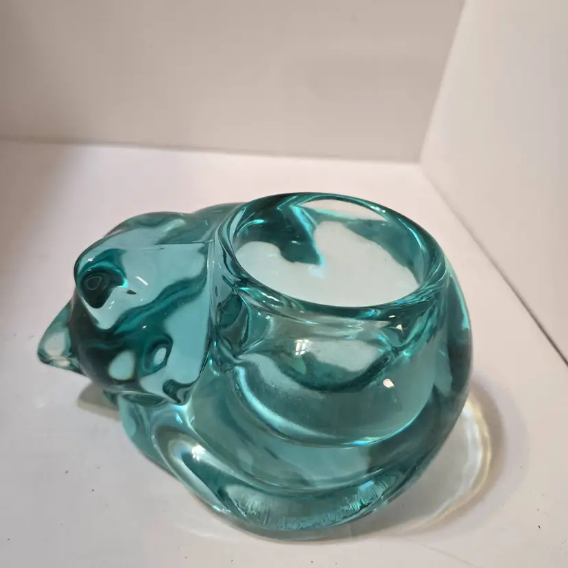Indiana Glass Clear Green Kitty CAT sleeping VOTIVE CANDLE HOLDER/Paper Weight