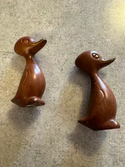 About
Wooden duck figurines with amber rhinestone eyes, Mid-Century Modern