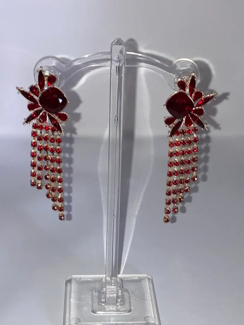 Red Crystal Chandelier Drop Gold Tone Pierced Earrings! 3” Drop!