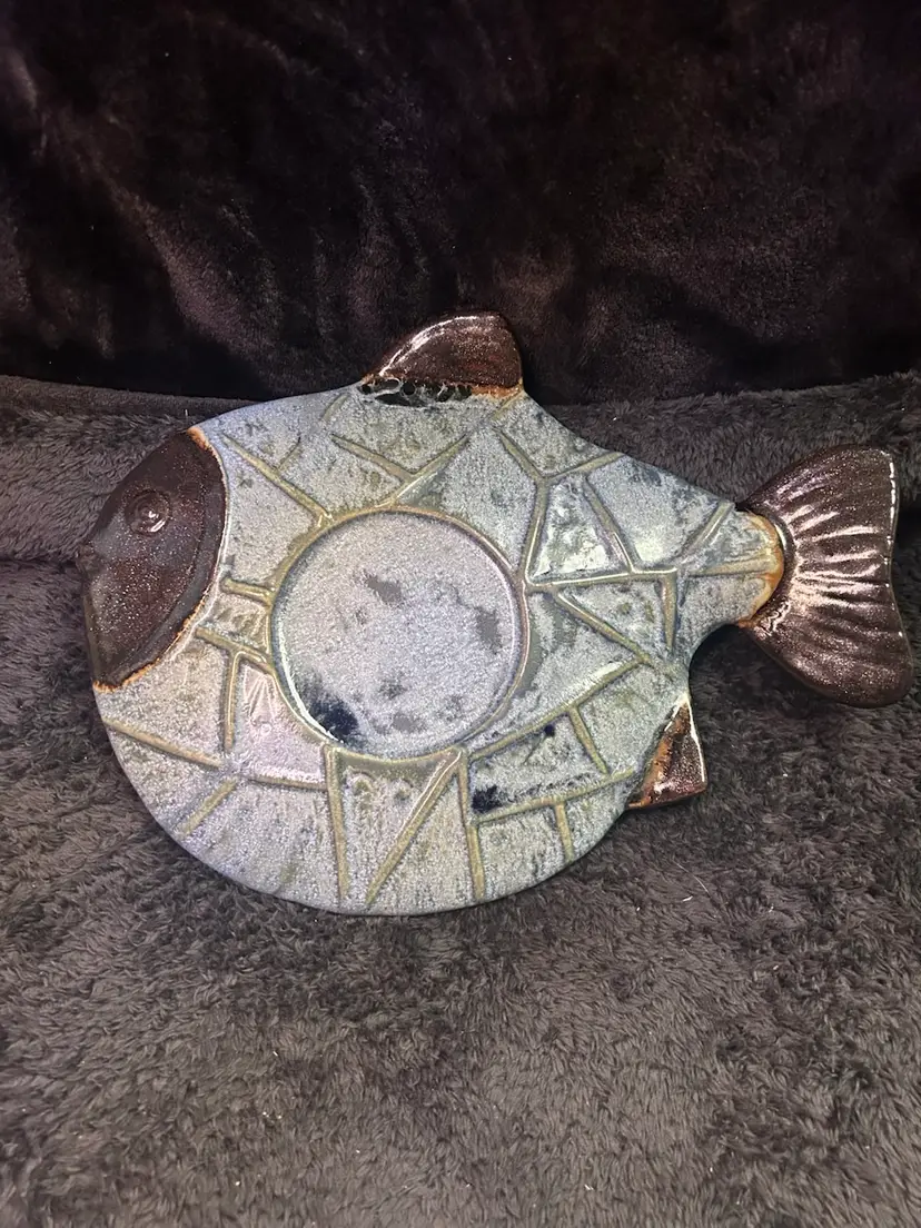 Ceramic Fish Pillar Candle Holder.  Green Hues with  Sparkly Brown Head & Tail