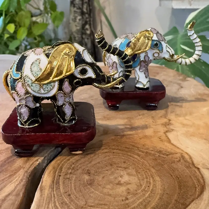 Pair Of 2”Vintage Mini Cloisonné Elephants