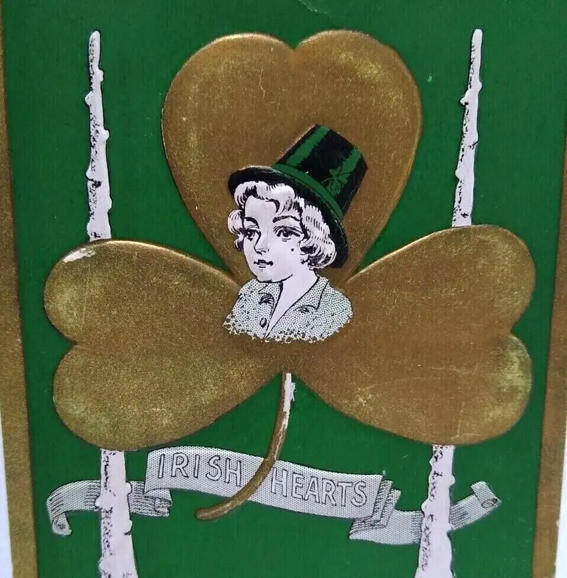 St Patrick's Day Postcard Irish Hearts Women Wearing Top Hap Gold Clover A H Co.