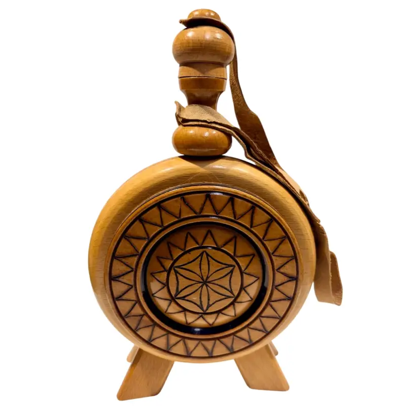 European Folk Art -Hand Carved Wooden Water Bottle- Canteen- Decanter- Pyrography- Leather Strap Lid-  Footed-  6.5”x10.5”x 2.5”