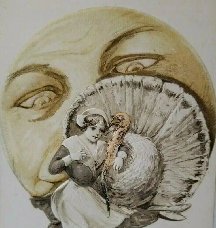 John Winsch Thanksgiving Postcard Schmucker Victorian Lady Sun Moon Face 1911