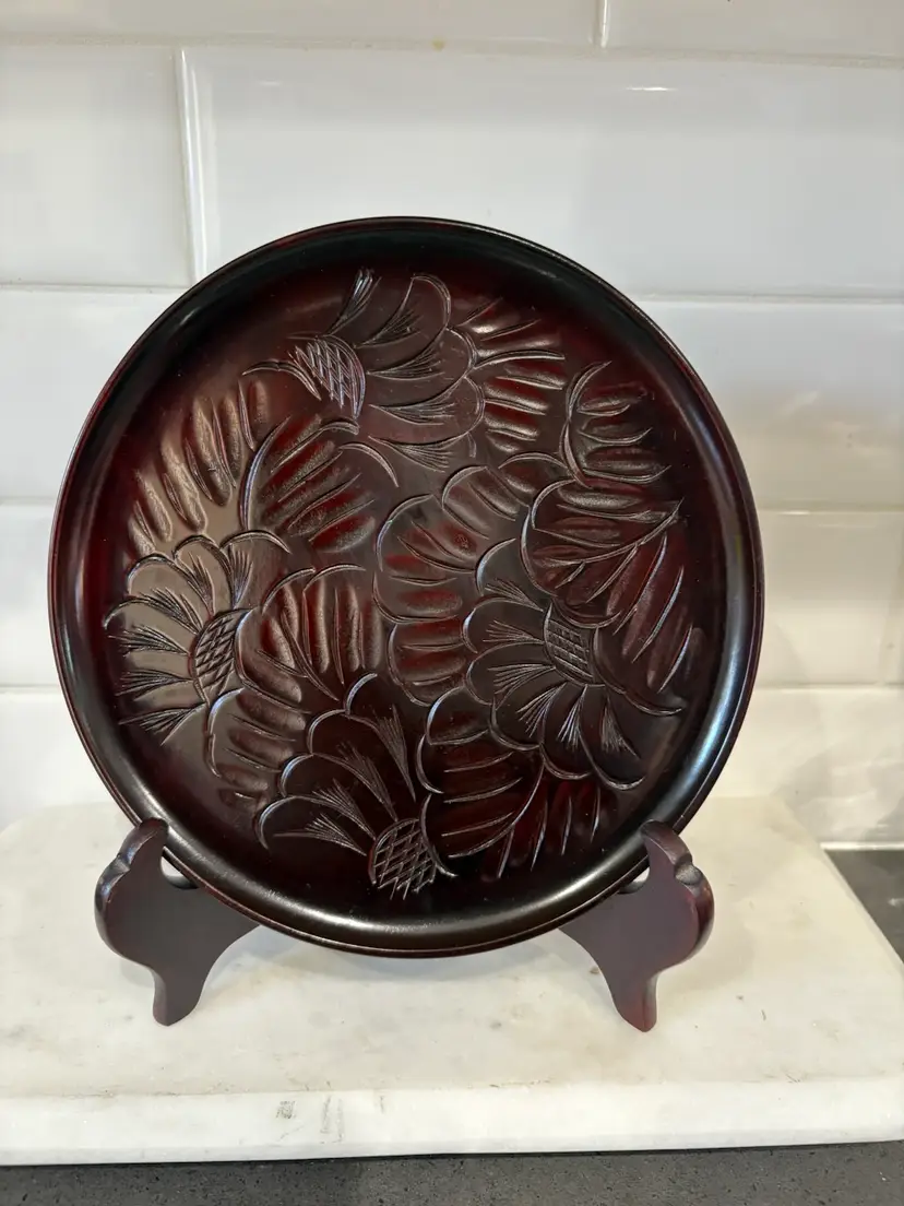 Japan Wood carving Traditional Crafts Tray Obon Flower