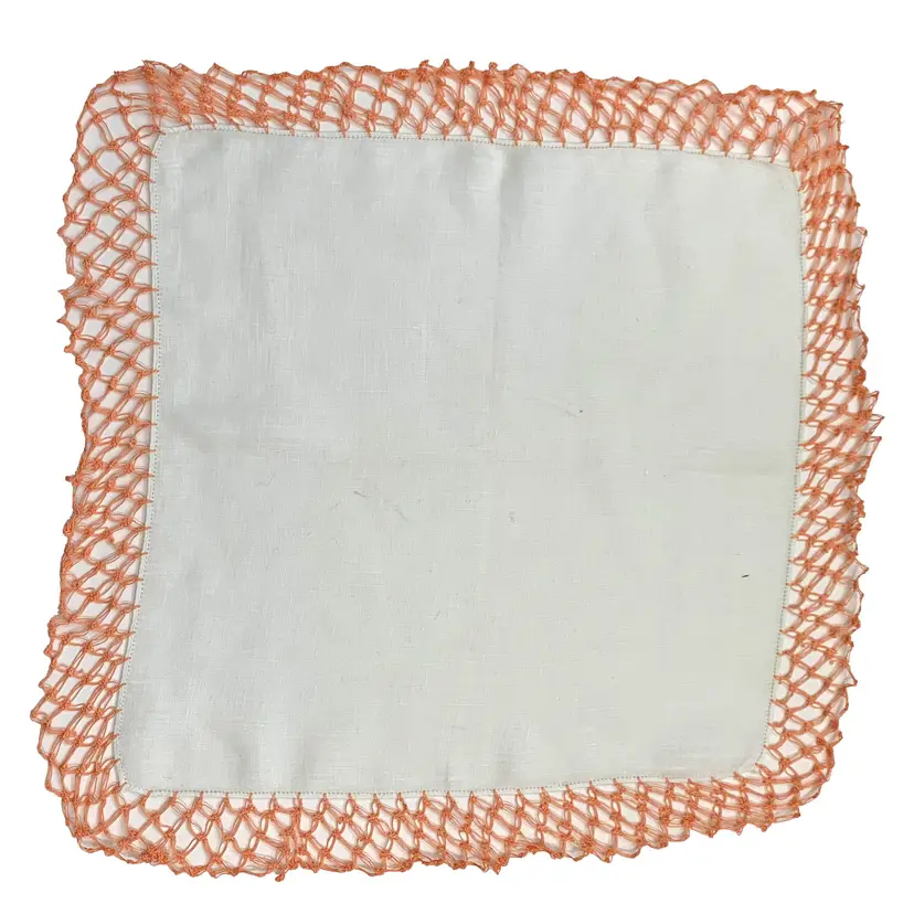 Linen Handkerchief Orange Lace Crochet Border Edge Vintage Granny Core Cottage