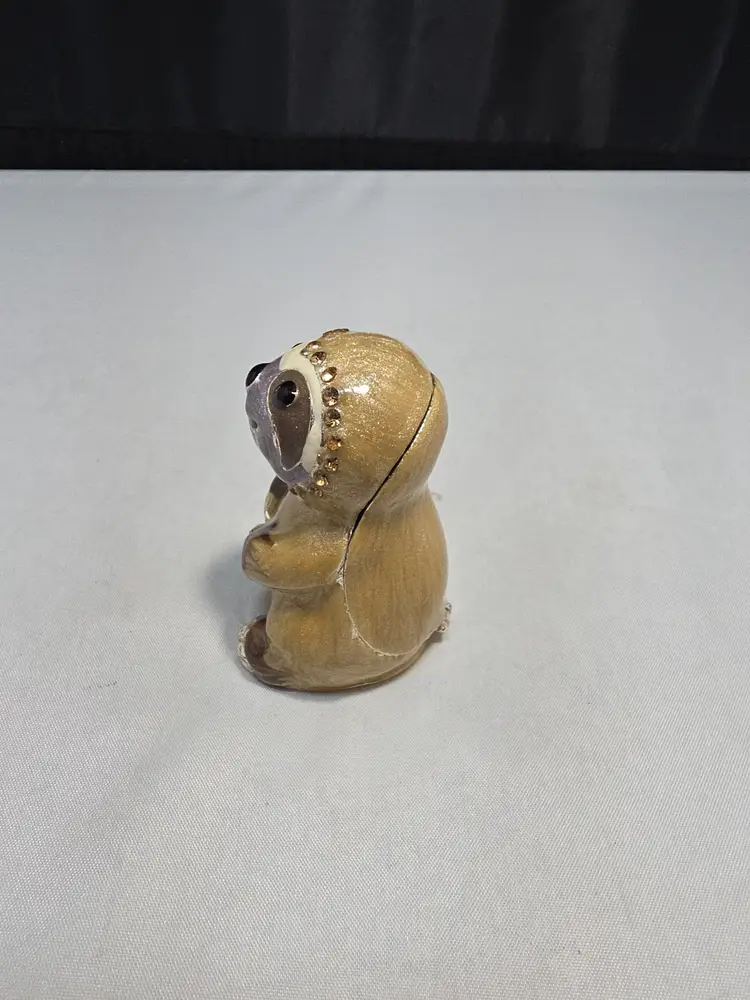 Vintage Enamel Sloth Jeweled Trinket Box Hinged Magnetic Faux Gems (DR)