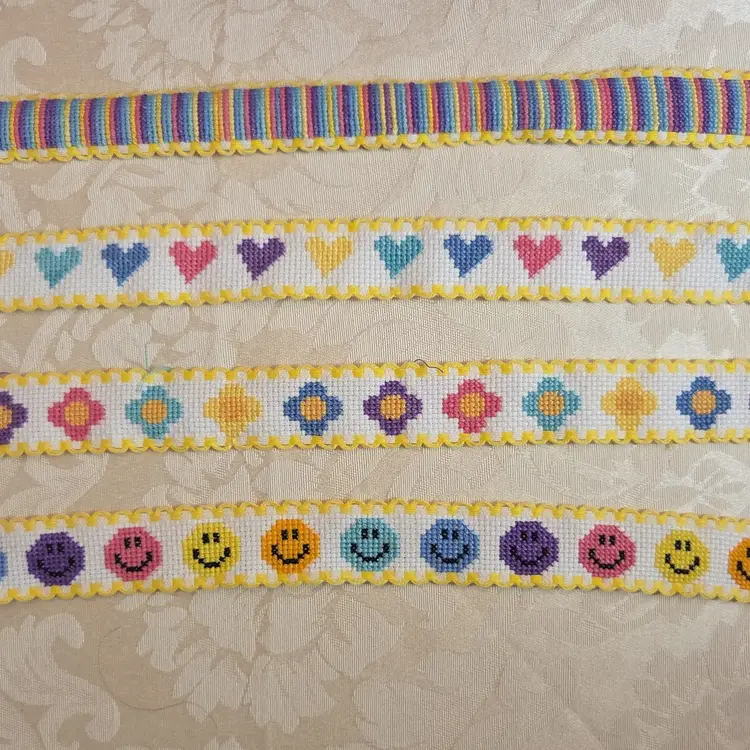 New Lot of Multi Color Cross-stitched Ribband Trim; flowers, hearts, smiley faces, and stripes