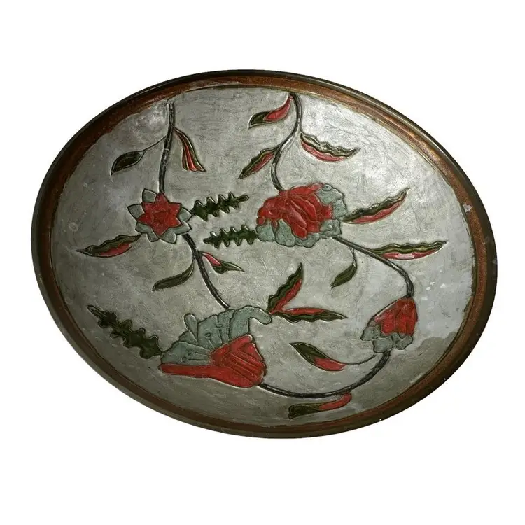 Cloisonne Floral Brass Bowl with Enamel with Pedestal Mid Century Modern