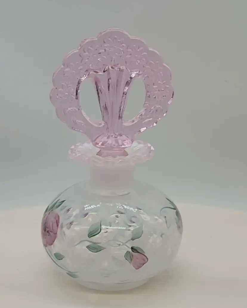 FENTON FRENCH OPAL DIAMOND OPTIC DECORATED PERFUME BOTTLE ARTIST SIGNED