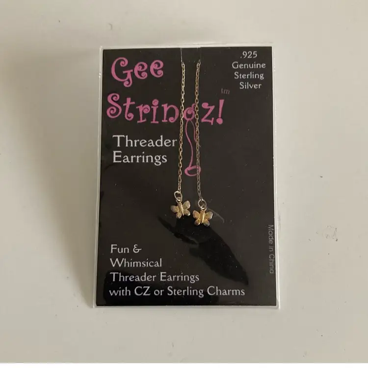 NOS Sterling Silver Threader Earrings With Gold Butterfly Charms