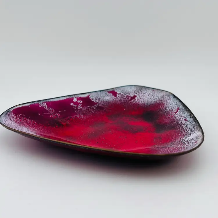 Beautiful MCM Red White Gold Enamel On Metal Triangular Dish 5.5”